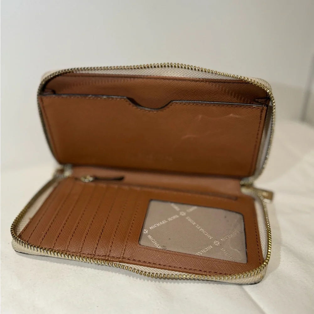 Michael Kors Beige Logo Zip-Around Wallet with Gold Hardware